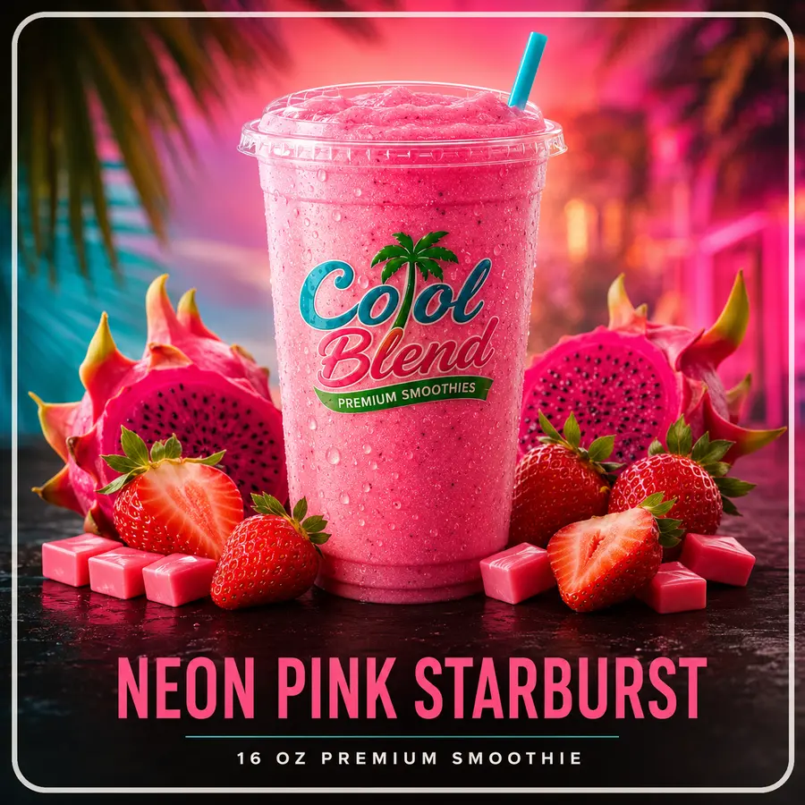 Neon Pink Starburst smoothie with dragon fruit and mango