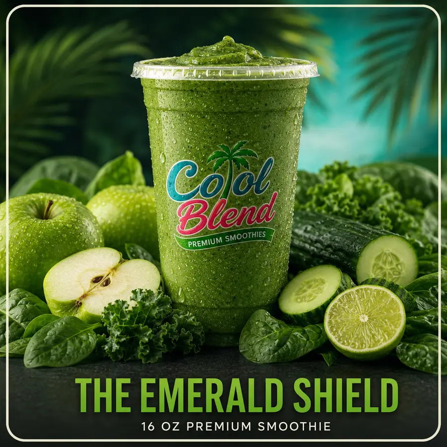 The Emerald Shield green smoothie with mango, pineapple, and spinach