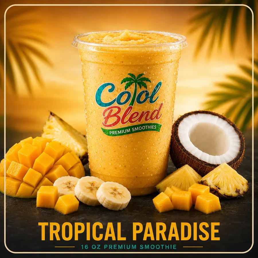 Tropical Paradise smoothie with pineapple, mango, coconut, lime, and banana