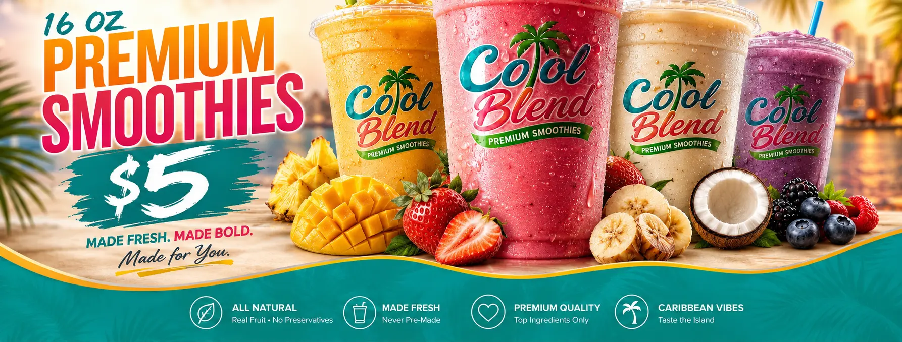 Four colorful Cool Blend premium smoothies surrounded by mango, strawberry, banana, coconut, and berries