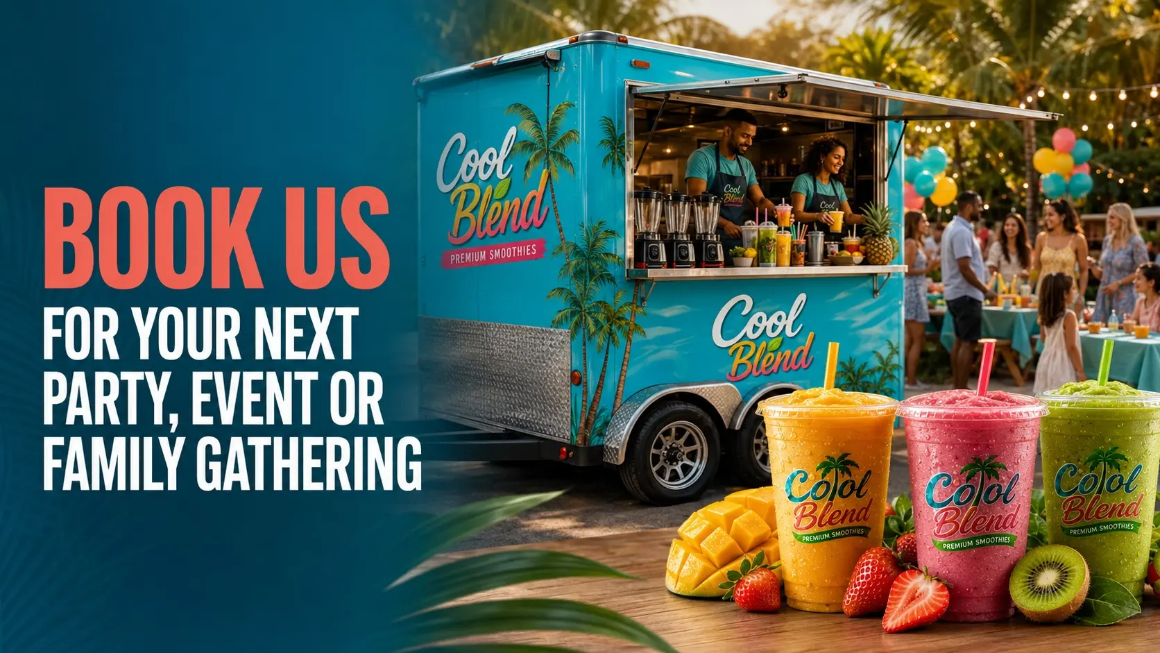 Cool Blend mobile smoothie trailer serving a colorful outdoor party